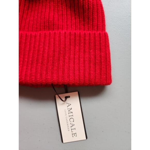 NWT Amicale Cashmere CHUNKY RIBBED CASHMERE HAT With FUR POM Red - Picture 4 of 8